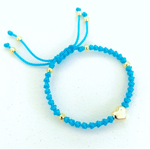 Stainless Steel Golden Puffed Heart Ajustable Macrame Bracelet Turquoise - Picture 1 of 2